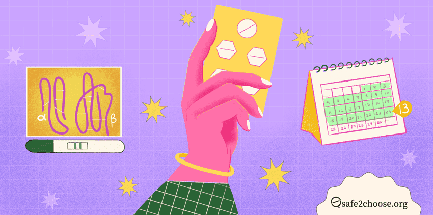 A hand holds a blister pack of pills, with a positive pregnancy test, a calendar, and a medical tool, all set against a purple grid background