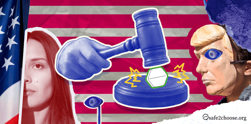 Ilustracion que muestra a Trump, un mazo aplastando una pildora abortiva, y una mujer preocupada con la bandera estadounidense, representando el ataque a los derechos al aborto