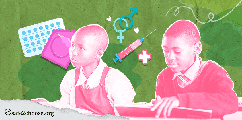 Mchoro wa wanafunzi wa shule barani Afrika wakijifunza kuhusu elimu ya jinsia, wakiwa na picha za kondomu, vidonge, sindano, alama za kijinsia na msalaba wa afya.
