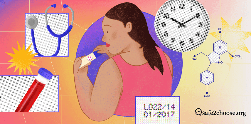 Illustration montrant une femme tenant un test de grossesse, sur le cote une horloge et une prise de sang pour confirmer une grossesse