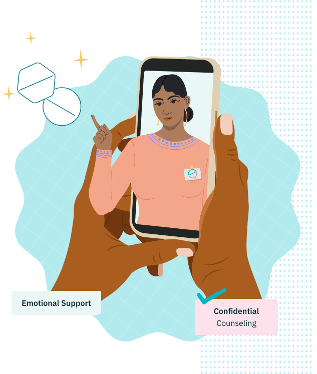 Illustration of a safe2choose counselor on a smartphone screen providing emotional support. Two hands hold the phone, surrounded by keywords: "Emotional Support" and "Confidential Counseling."