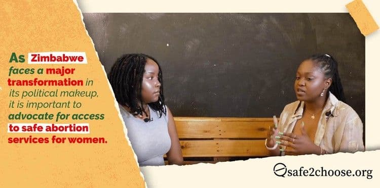 Marie Simone on the right speaking with another woman from Zimbabwe on the left about abortion access