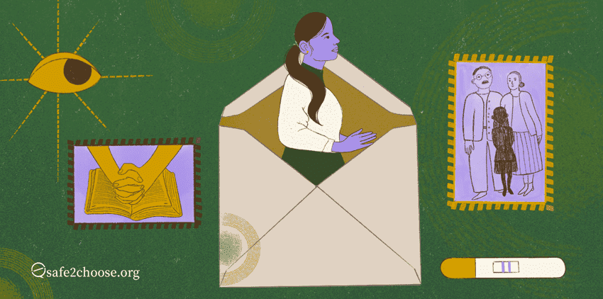 Una mujer reflexionando sobre sus opciones, con símbolos de religión, expectativas familiares y embarazo