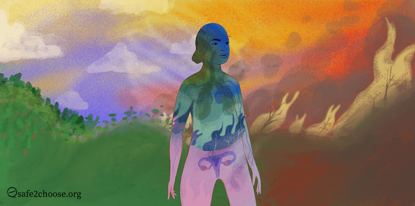 Representación del impacto humano en el clima con una silueta impregnada de naturaleza.