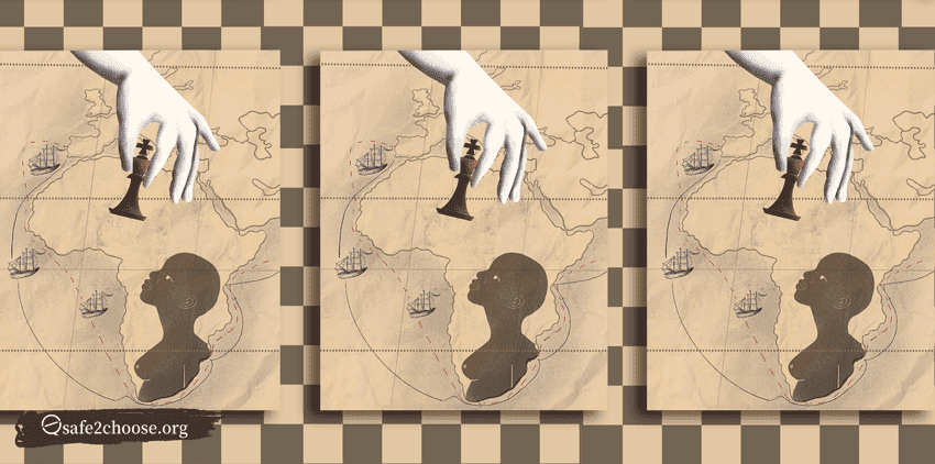 Ilustración de una mano sobre silueta africana con piezas de ajedrez, simbolizando influencia.