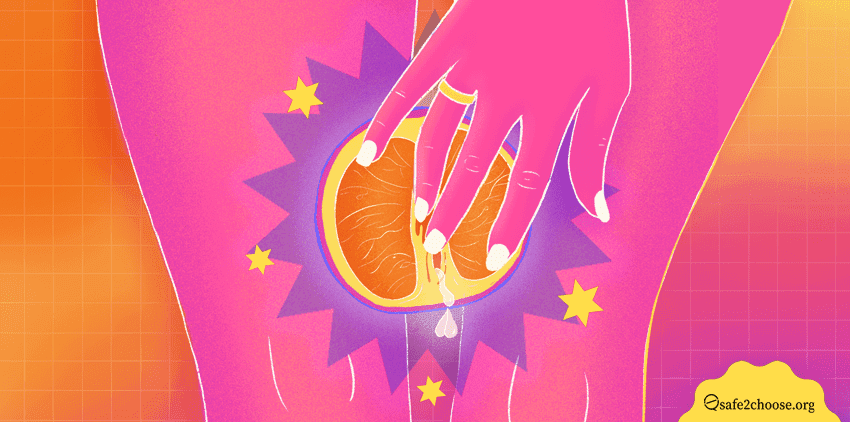 Mchoro wa kidigitali unaoonyesha mkono wa mtu ukiwa umeshika chungwa lililogawanywa katikati, likiwakilisha sehemu za siri za mwanamke.