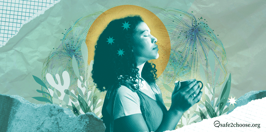 Une femme sereine aux yeux fermes tenant une tasse, entouree d elements botaniques abstraits, symbolisant le bien-etre mental et la reflexion. Logo de safe2choose.org present