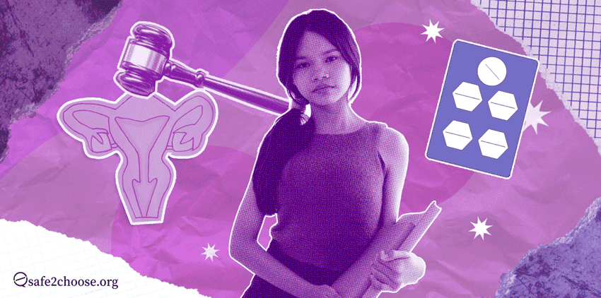 young woman holding a notebook, a uterus with a gavel symbolizing reproductive rights, and pills representing medication abortion