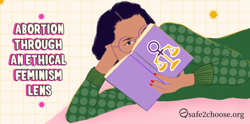 A woman with glasses reading a purple book about feminism and abortion rights worldwide