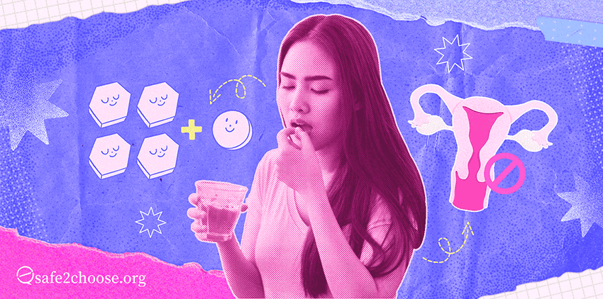 A woman takes a pill with a glass of water, surrounded by illustrated pills, a uterus with a prohibition symbol, representing medical abortion.