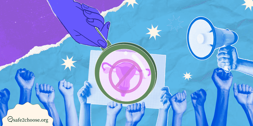 Illustration de mains tenant des pancartes et un megaphone lors dune manifestation, avec un accent sur les droits reproductifs