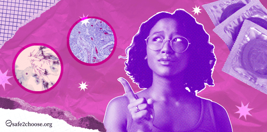 Una mujer pensativa señalando hacia arriba, con condones e imagenes microscopicas de celulas sobre un fondo rosado y abstracto.