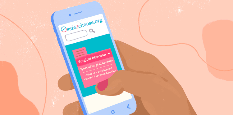 A woman's hand interacting through her smartphone with the safe2choose.org site and reading about abortions