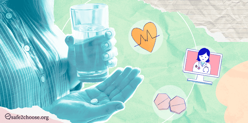 A person holding a medical abortion pill and a glass of water, symbolizing self-managed abortion. Icons of a heart monitor, doctor on a screen, and pills highlight telemedicine and reproductive health