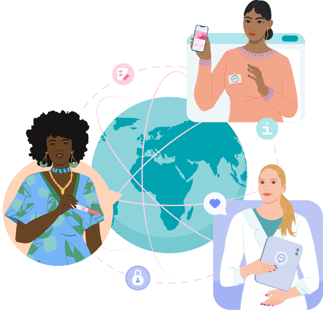 Three diverse women connected around a globe; one holds a phone, another wears a lab coat holding a tablet, and the third holds a beaker, symbolizing global collaboration.